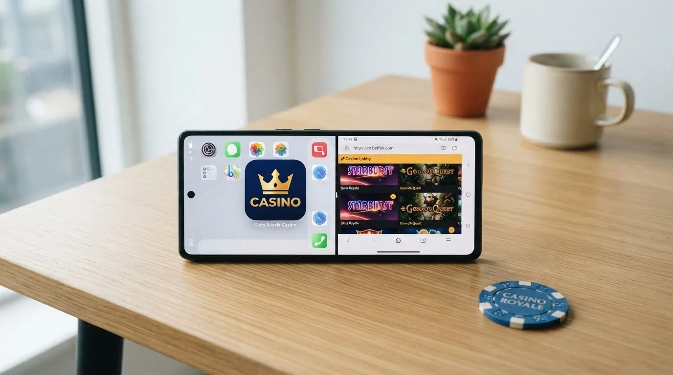 Displej telefonu zobrazující vedle sebe ikonu nativní casino aplikace a ikonu mobilního prohlížeče s otevřeným kasinem