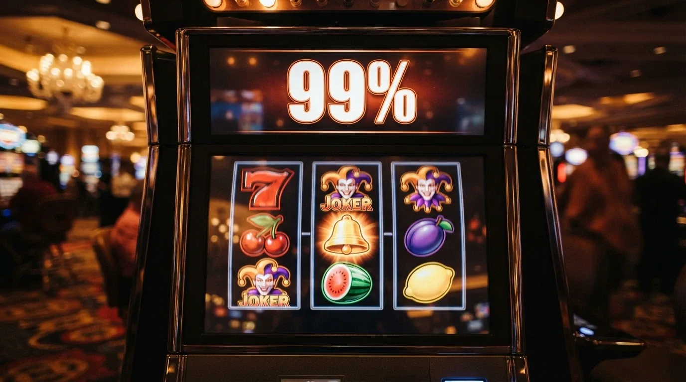 Roztočené válce výherního automatu s viditelným ukazatelem RTP 99 % a názvem Mega Joker na displeji