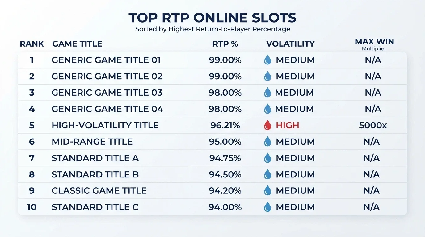 Srovnávací tabulka s názvy automatů, hodnotami RTP, volatility a výrobci seřazená od nejvyšší návratnosti