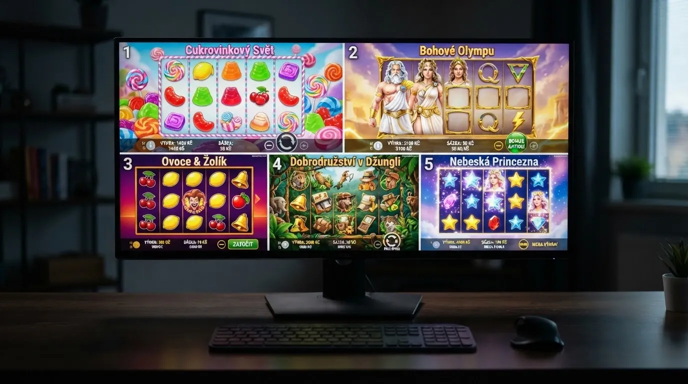 Koláž pěti populárních online automatů na monitoru — Sweet Bonanza, Gates of Olympus, Respin Joker, Hunter's Dream 2 a Starlight Princess