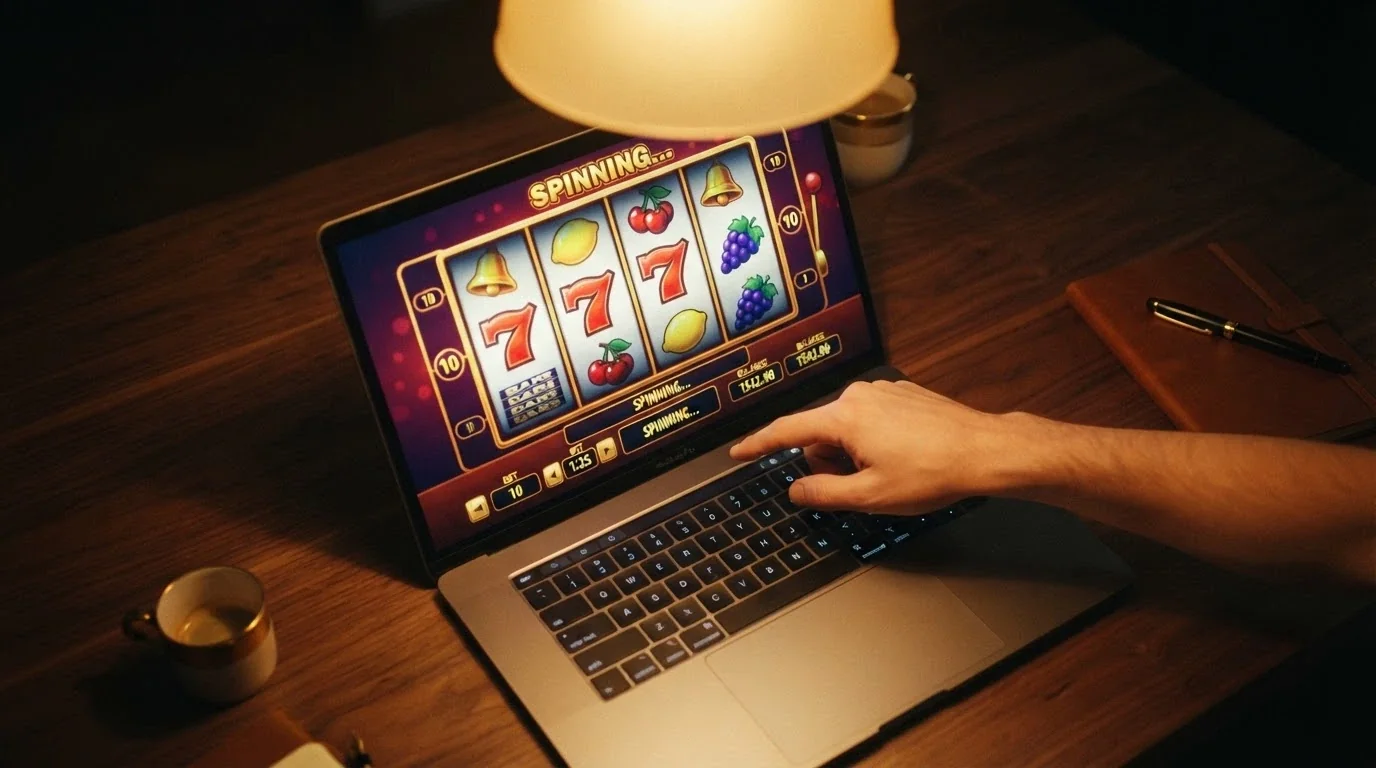Roztočené válce online automatu s ovocem a sedmičkami na obrazovce notebooku