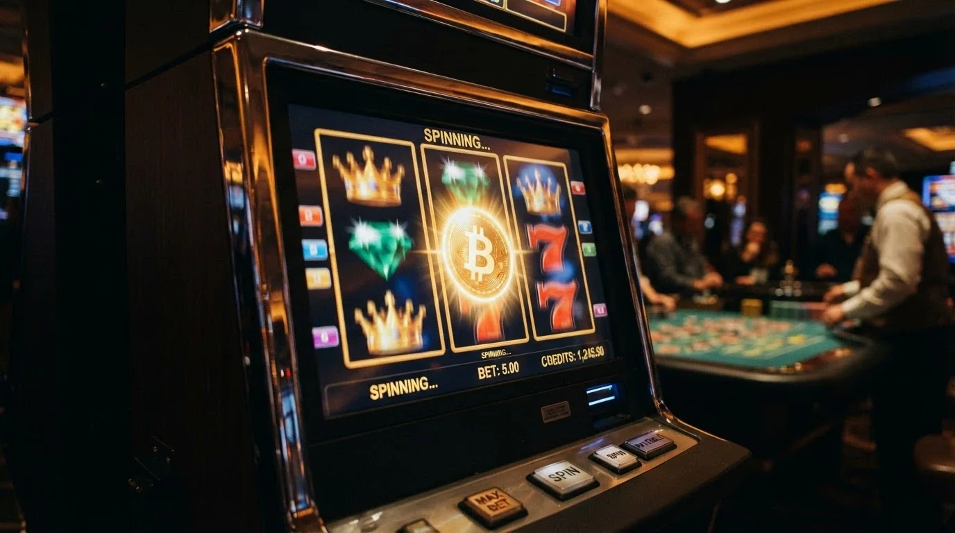 Roztočené válce online automatu s bitcoin symbolem na výherní linii, v pozadí rozhraní live rulety