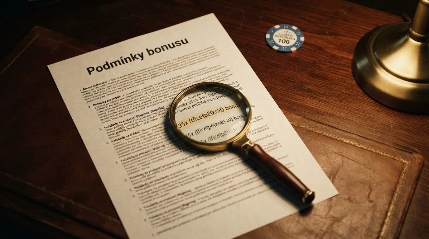 Detailní pohled na bonusové podmínky — lupa nad řádky s protočením a drobným písmem