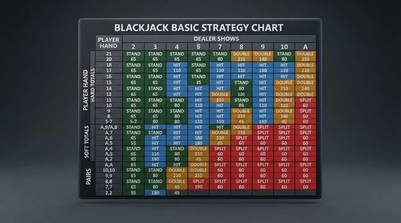 Strategická tabulka blackjacku — barevně odlišené tahy pro každou kombinaci karet