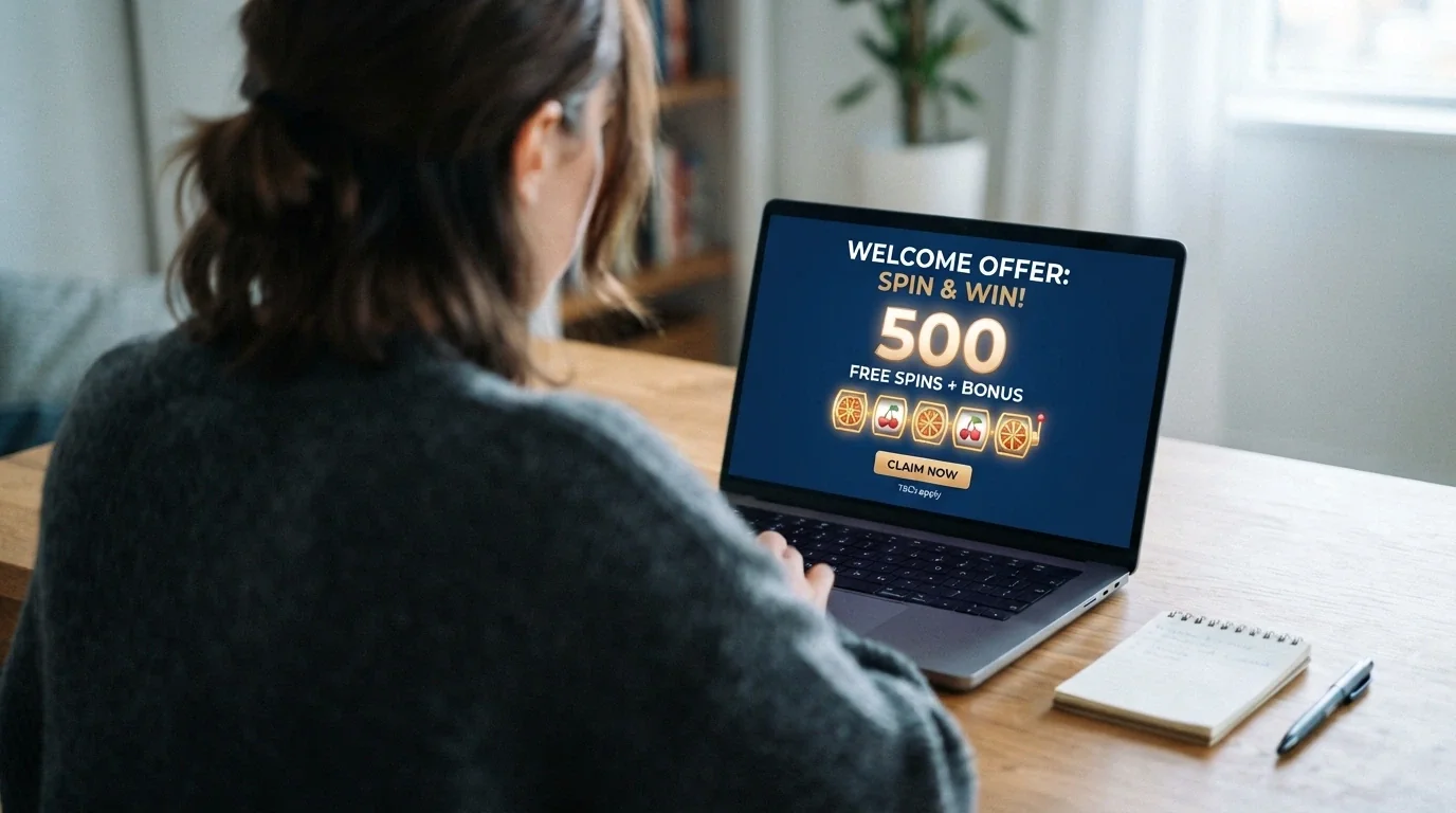 Uvítací bonusová nabídka online casina s volnými zatočeními zvýrazněná na obrazovce