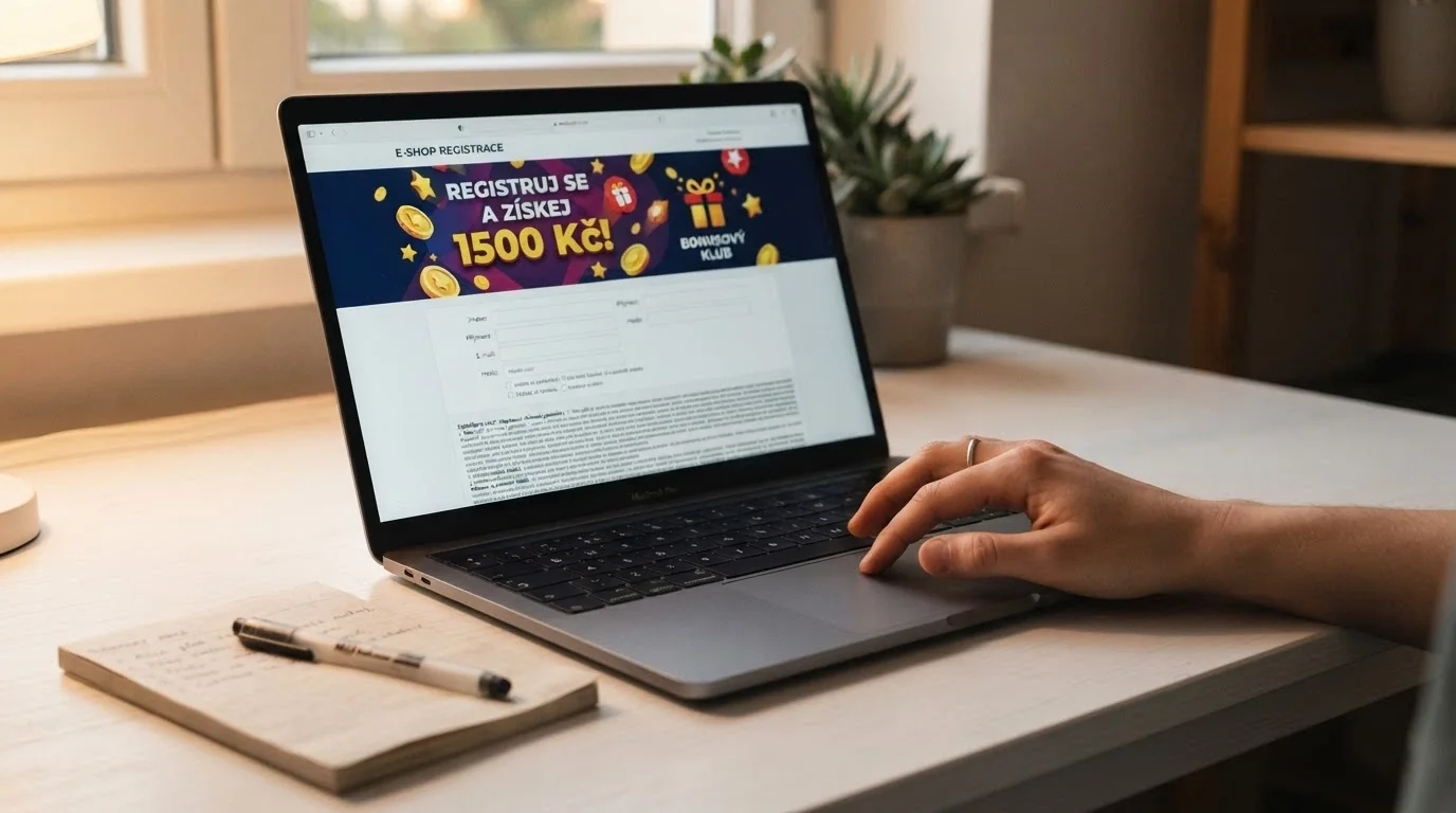 Detail registračního formuláře online casina s viditelnou bonusovou nabídkou a drobným písmem podmínek pod ní