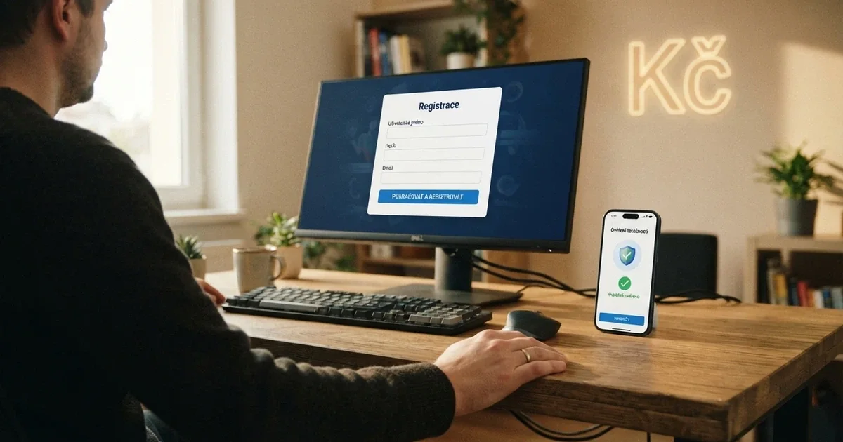 Ilustrační koláž: registrační formulář online casina na monitoru, vedle něj mobil s aplikací BankID, na pozadí symbol české koruny