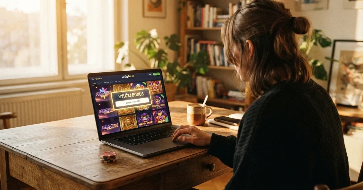 Hráč u notebooku si prohlíží online casino s promo kódem na obrazovce, vedle něj leží český občanský průkaz