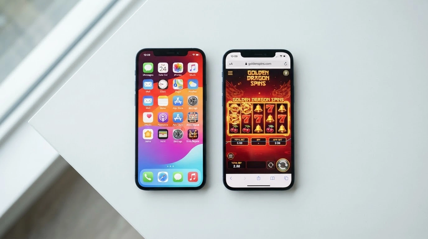 Displej telefonu s ikonami nativních kasinových aplikací, vedle něj druhý telefon s otevřenou hrou v aplikaci