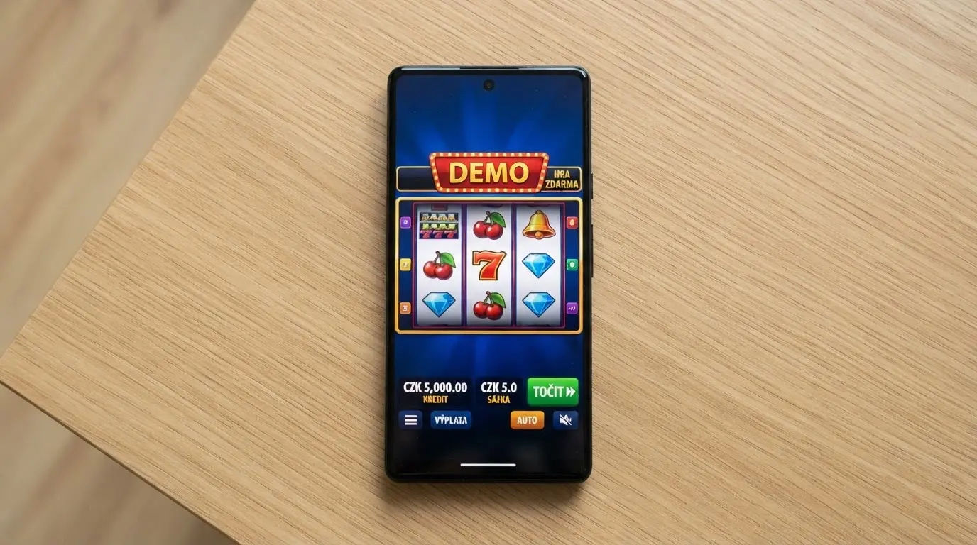 Telefon s otevřeným automatem v demo režimu, na displeji je vidět nápis „DEMO“ a virtuální kredit
