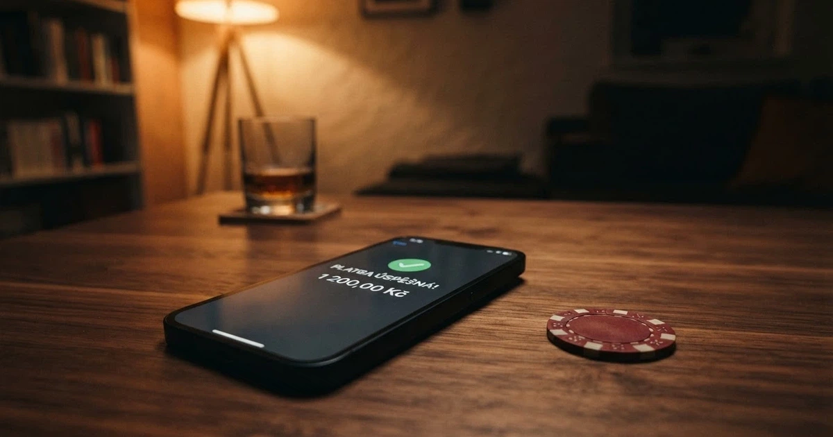 Mobilní telefon zobrazující potvrzovací SMS zprávu o dobití kasinového konta, vedle leží platební karta