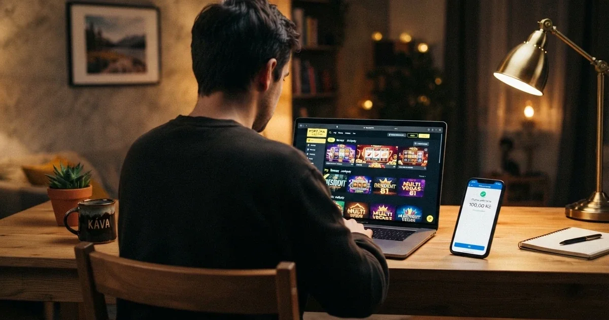 Hráč prohlíží casino na notebooku, vedle něj mobilní telefon s otevřenou platební bránou a částkou 100 Kč