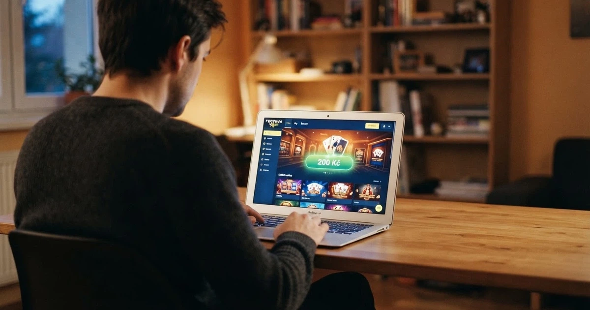 Hráč u notebooku prohlíží online casino, na obrazovce je vidět tlačítko pro vklad 200 Kč