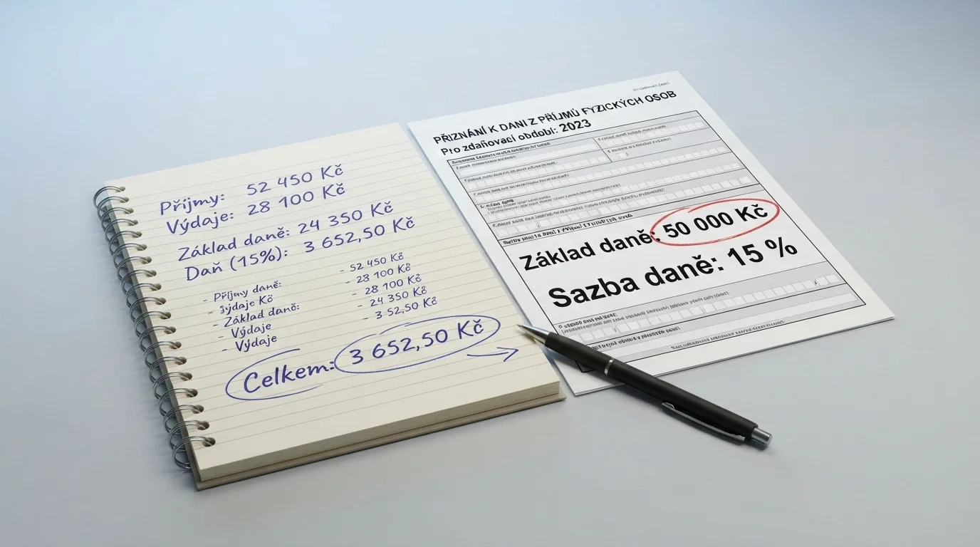 Kalkulačka a formulář daňového přiznání s vyznačenou částkou 50 000 Kč, vedle symbol procenta