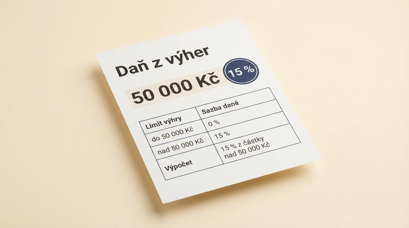 Kalkulačka nebo daňový formulář s částkou 50 000 Kč a sazbou 15 %
