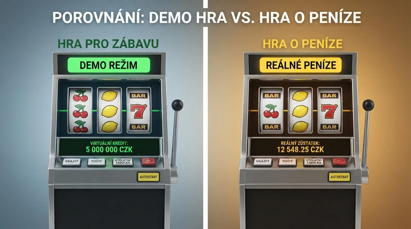 Rozdělená obrazovka: vlevo tentýž klasický automat s nápisem DEMO a virtuálním kreditem, vpravo s reálným zůstatkem v korunách