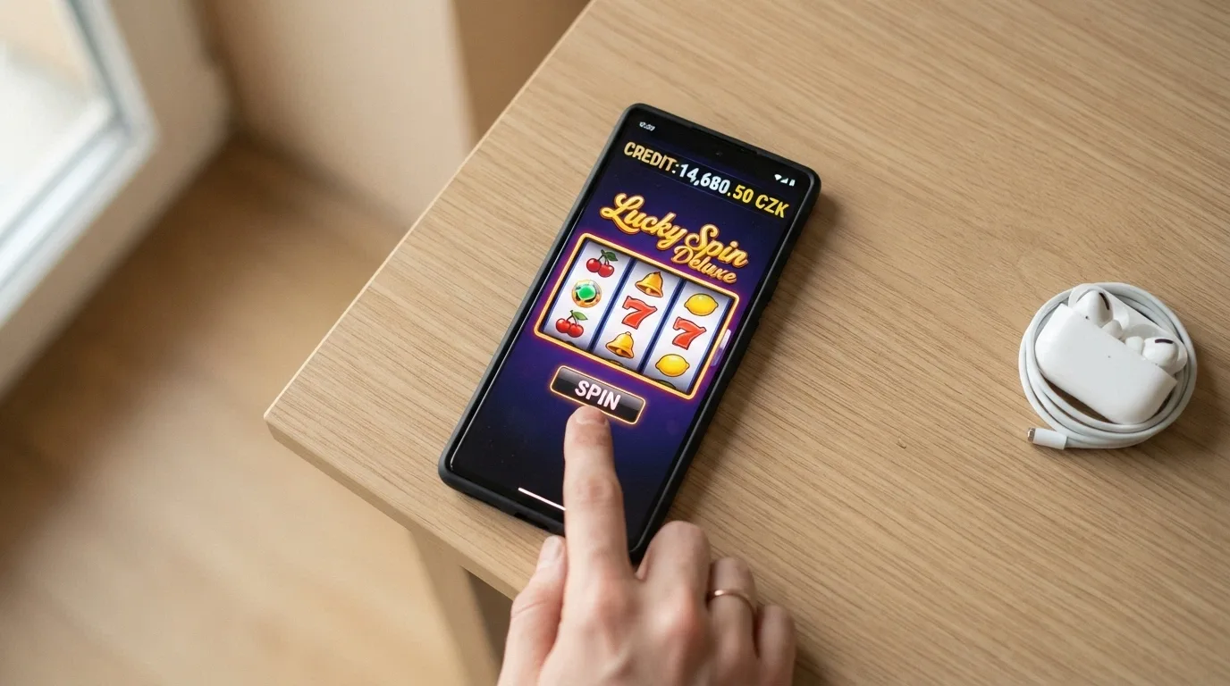 Ukázka demo režimu výherního automatu s virtuálním kreditem v horním rohu obrazovky