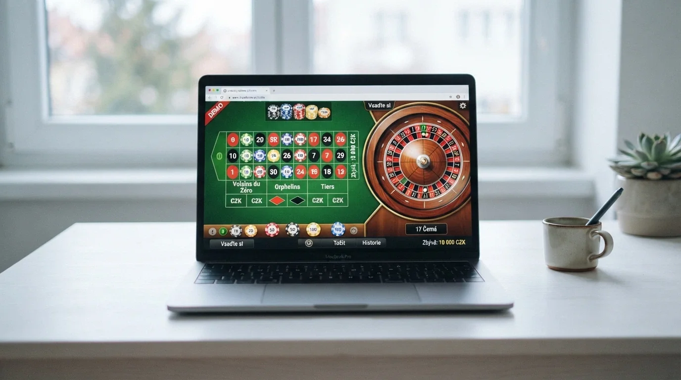 Ukázka demo rulety v online casinu, označení „hrát zdarma“ nebo „demo“, virtuální žetony na stole