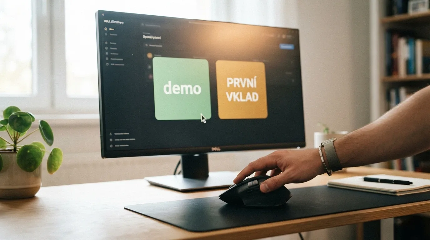 Ruka nad myší mezi dvěma tlačítky na obrazovce — vlevo „demo zdarma“, vpravo „první vklad“ — s důrazem na cestu zleva doprava