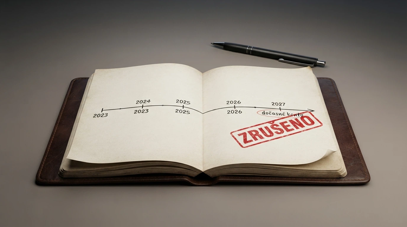 Kalendář s datem 1. ledna 2024 a razítkem „zrušeno“ přes text „dočasné konto“