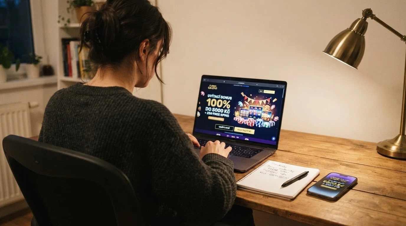 Hráč u počítače prohlížející si nabídky free spinů