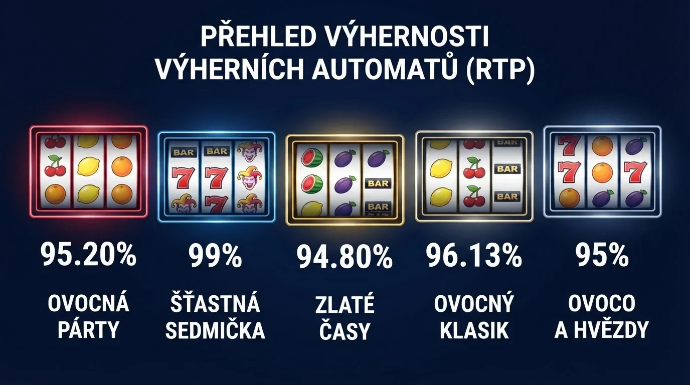Koláž pěti klasických automatů s vysokým RTP — Bonus Joker 2, Frutomatic, Multi Vegas 81, Respin Joker a Simply the Best 81 — s jejich RTP hodnotami