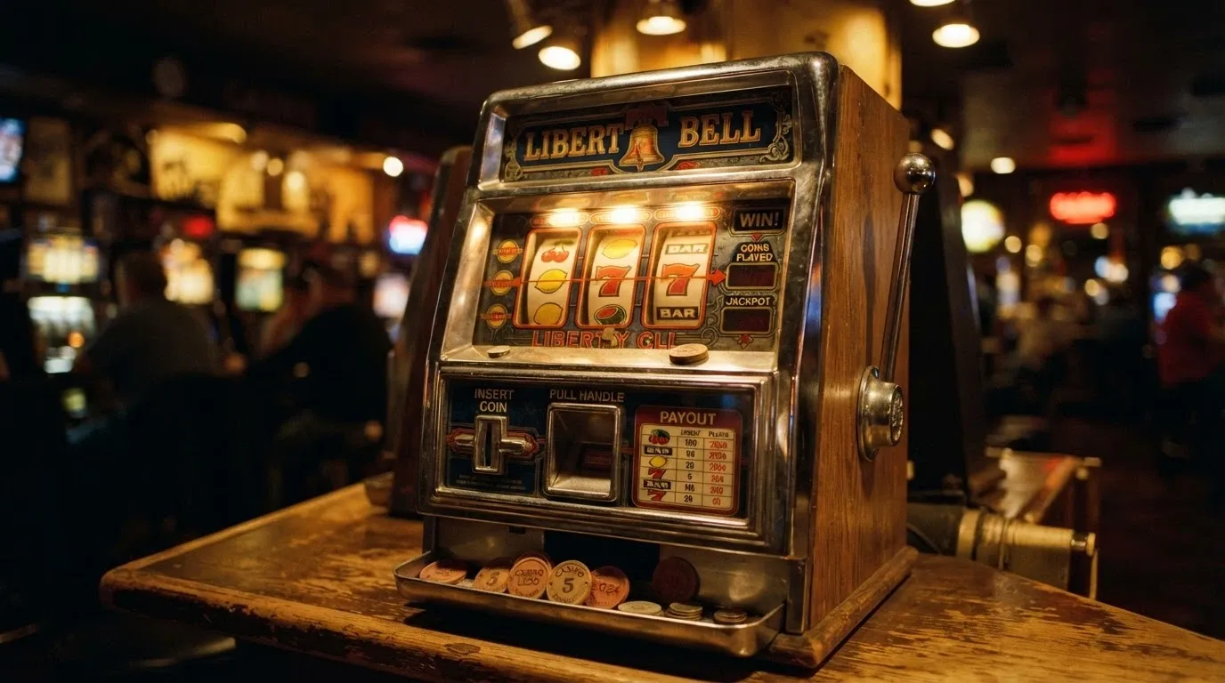 Tříválcový automat s ovocnými symboly — třešně, citrony, melouny, sedmičky a BAR — v retro stylu kamenné herny