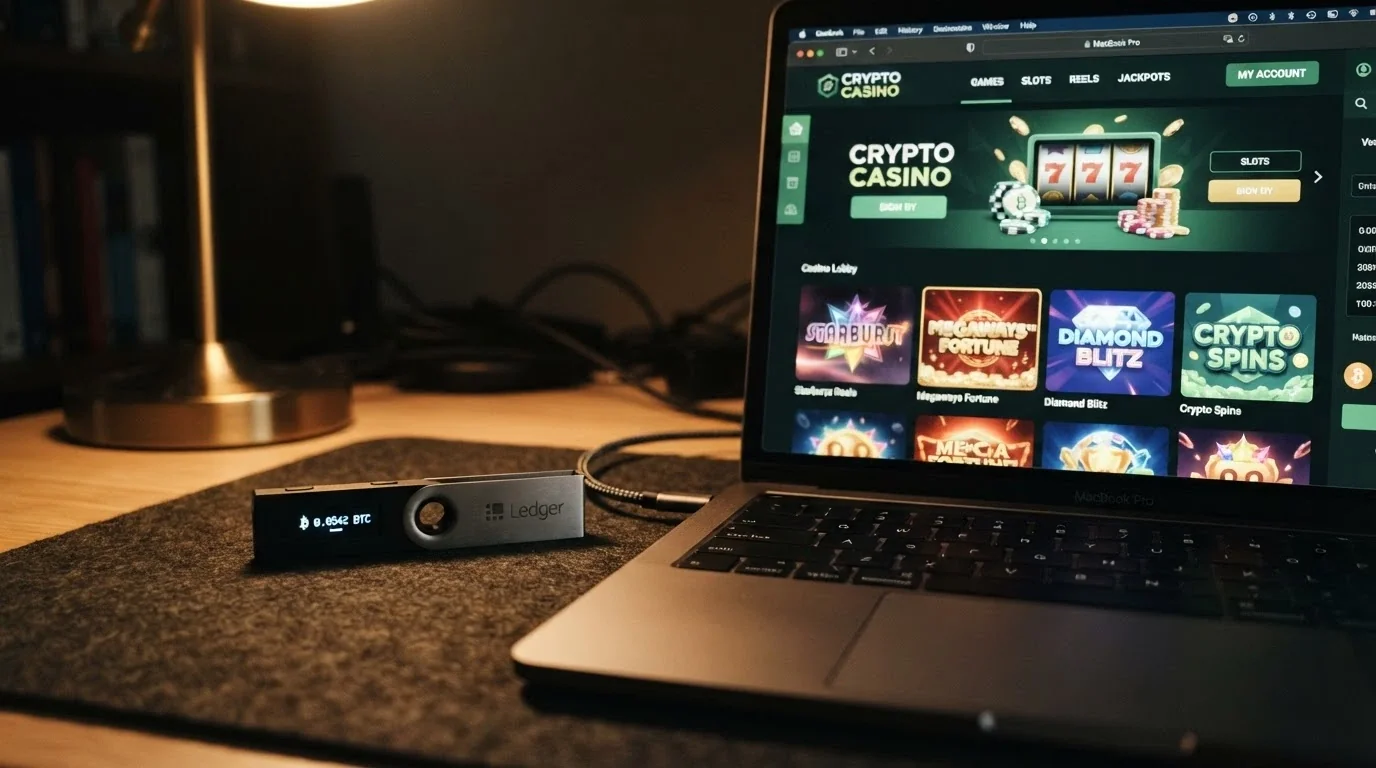 Hardwarová peněženka s bitcoiny vedle displeje s logem offshore casina