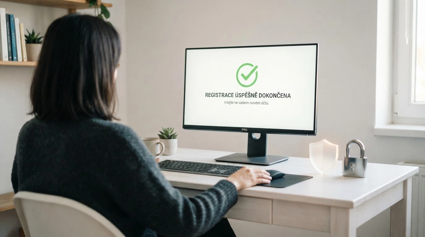 Hráč sedící u počítače s potvrzovací obrazovkou dokončené registrace, výraz úlevy, vedle symboly ochrany (zámek, štít)
