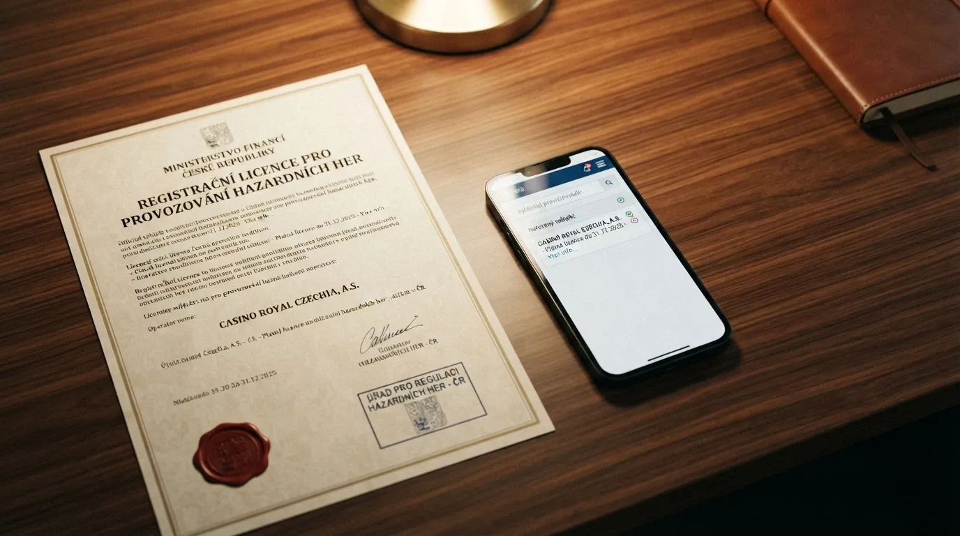 Úřední dokument s razítkem Ministerstva financí ČR, vedle něj mobil s otevřenou stránkou Seznamu legálních provozovatelů