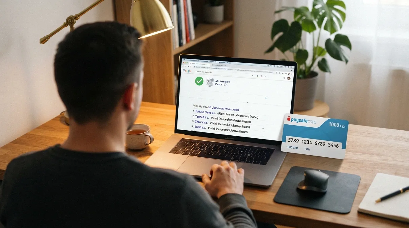 Úřední dokument s razítkem Ministerstva financí ČR a paysafecard voucher vedle něj — kontrast regulace a předplacené karty