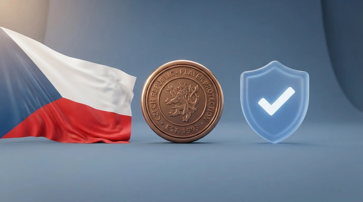 Česká vlajka a razítko MF ČR vedle symbolu ochrany hráče