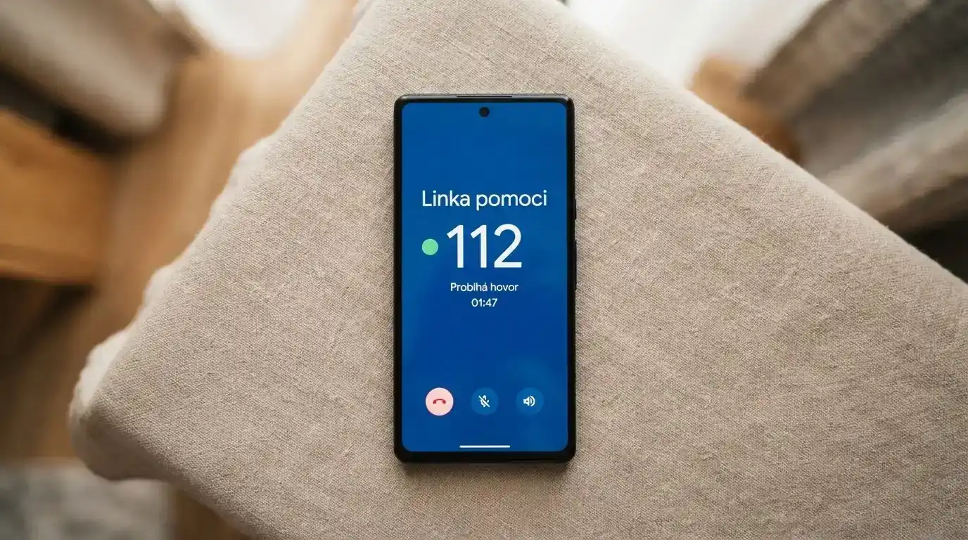 Telefon s nonstop linkou pomoci na displeji, vedle logo Naberte kurz a zvýrazněné číslo linky