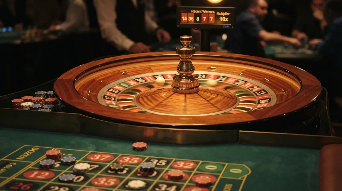 Detail rulety s krupiérem — kulička na čísle, barevné sázky na plátně, Lucky Numbers na obrazovce