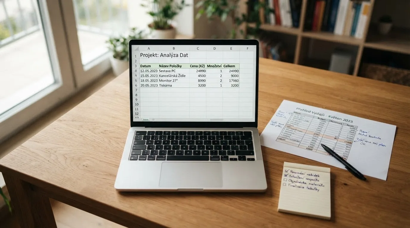 Stůl s otevřeným notebookem, vedle leží vytištěný rejstřík MF ČR a poznámky s hodnocením