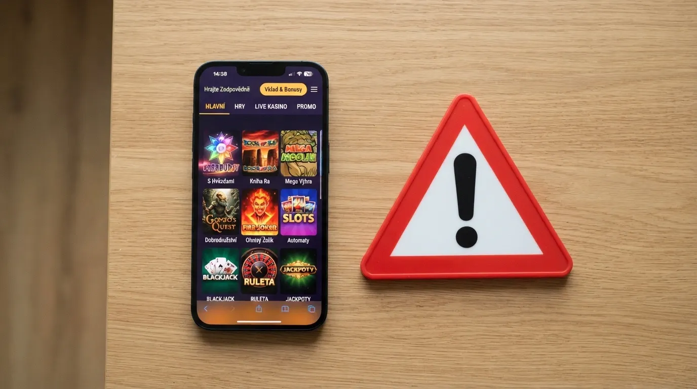 Displej telefonu s otevřenou kasino-aplikací v českém jazyce a vedle něj varovný vykřičník nad neoficiálním APK souborem