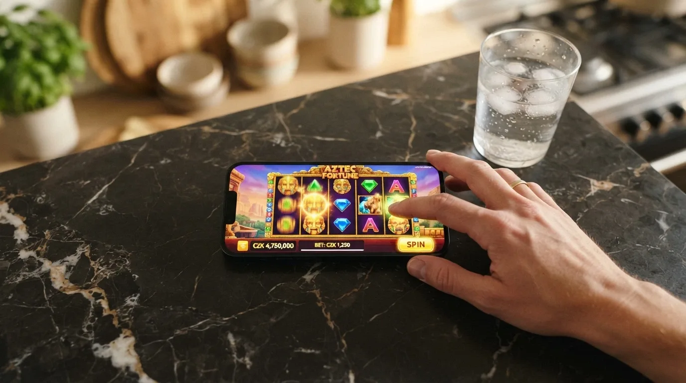 Chytrý telefon držený v dlani s roztočeným výherním automatem na displeji