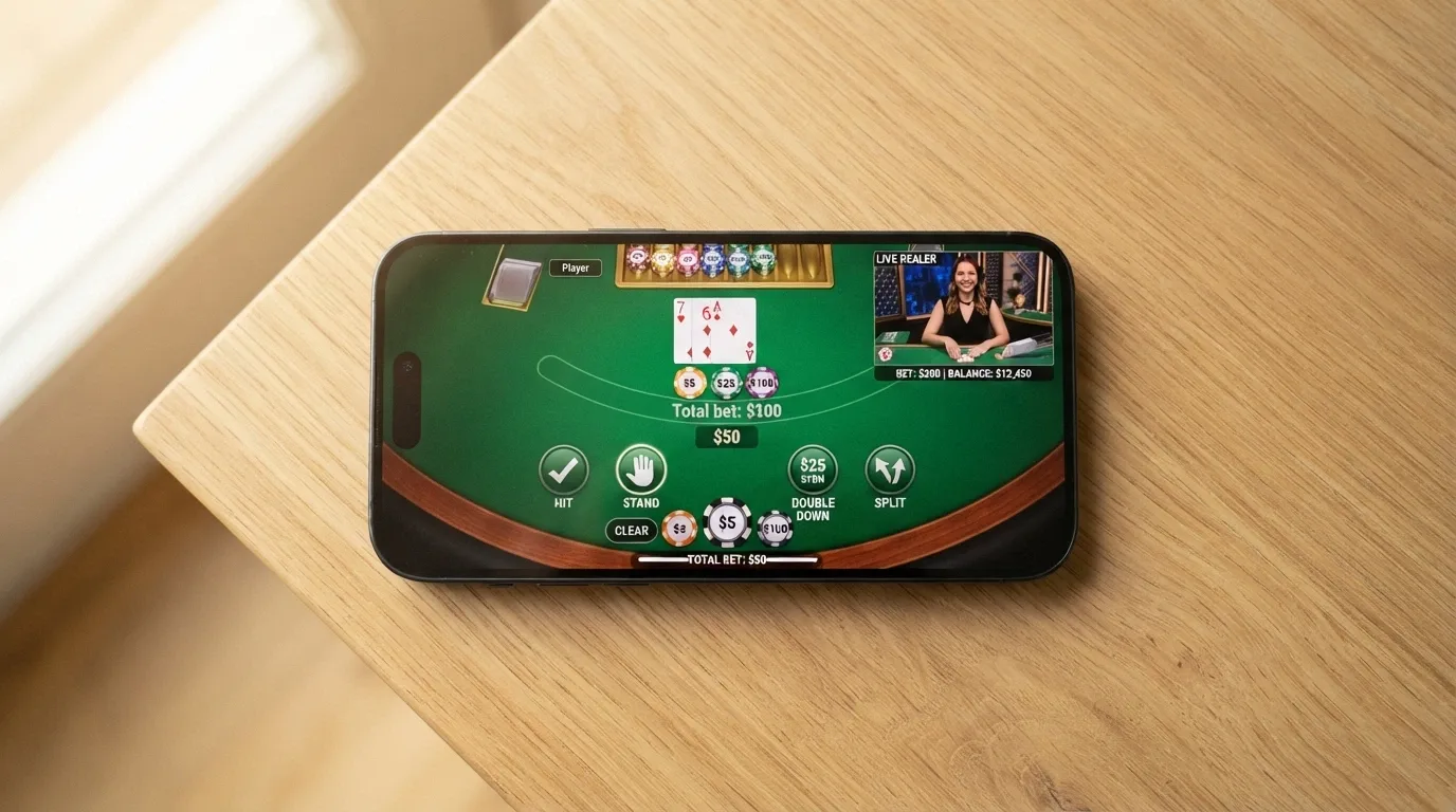 Mobilní telefon zobrazující live blackjackový stůl v režimu na šířku