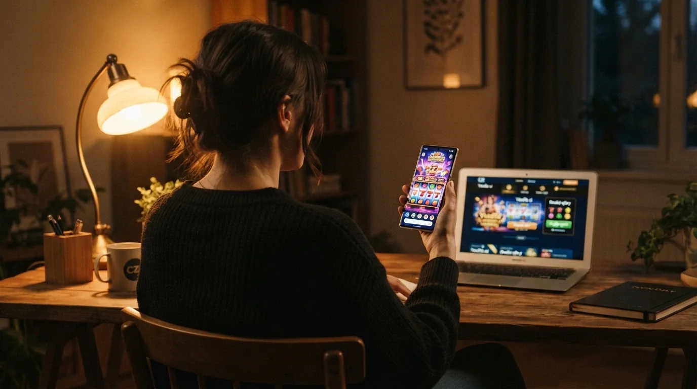 Ruka držící mobilní telefon s otevřenou casino hrou na displeji, v pozadí počítač se stejnou hrou