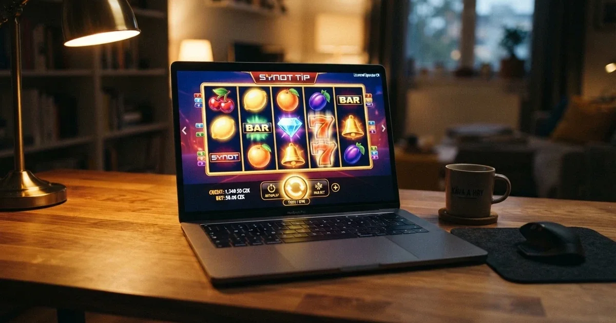 Rozhraní online automatu s pěti válci, výherními symboly a tlačítkem pro zatočení na obrazovce notebooku