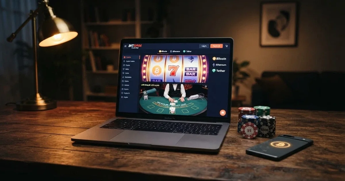 Domovská stránka krypto kasina na monitoru notebooku s bitcoinovou peněženkou a kasinovými žetony na stole