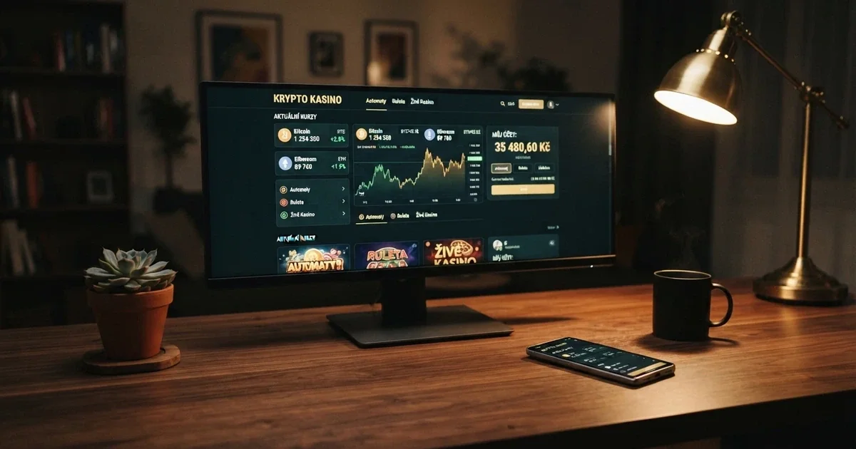 Rozhraní krypto kasina na monitoru a mobilu s viditelnými kurzy kryptoměn