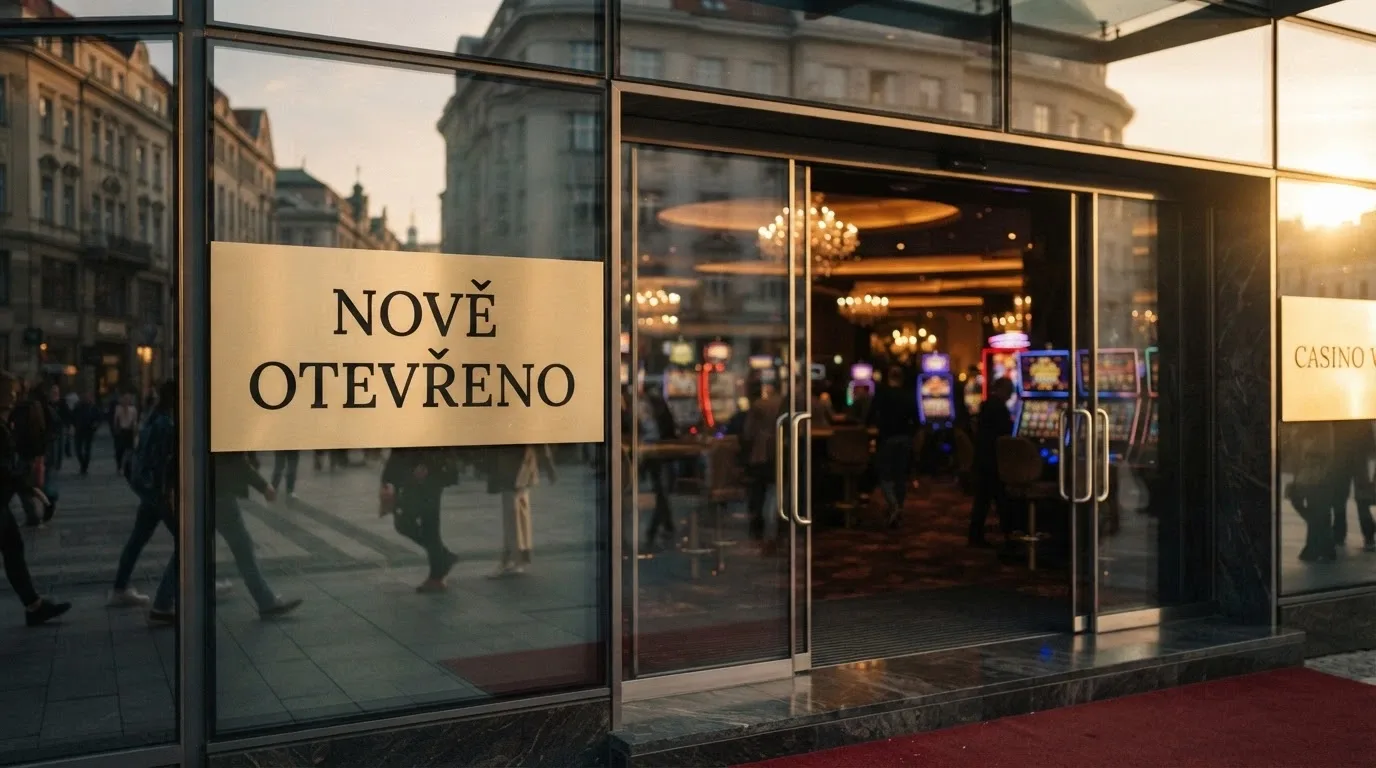 Lesklá cedule s nápisem „nově otevřeno“ před moderním kasinem