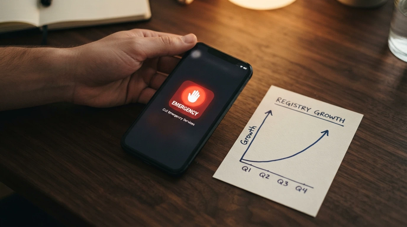 Telefon s otevřenou aplikací casina — na displeji tlačítko paniky, vedle graf růstu RVO (64 000+), v pozadí logo Národní linky pro odvykání hraní