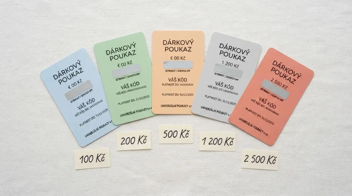 vějíř Paysafecard kupónů v hodnotách 100 Kč, 200 Kč, 500 Kč a 1 200 Kč rozložený na světlém pozadí