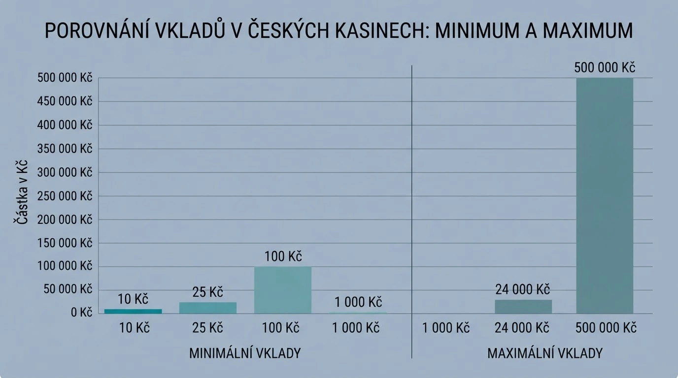Srovnání minimálních a maximálních vkladů přes paysafecard napříč českými casiny — sloupcový graf nebo tabulkové zobrazení