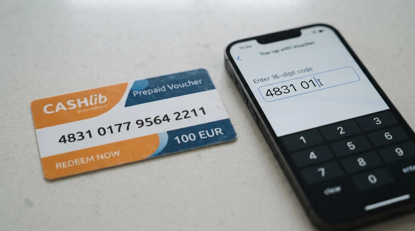 Detail 16místného PIN kódu na paysafecard voucheru a pole pro jeho zadání v pokladně online casina