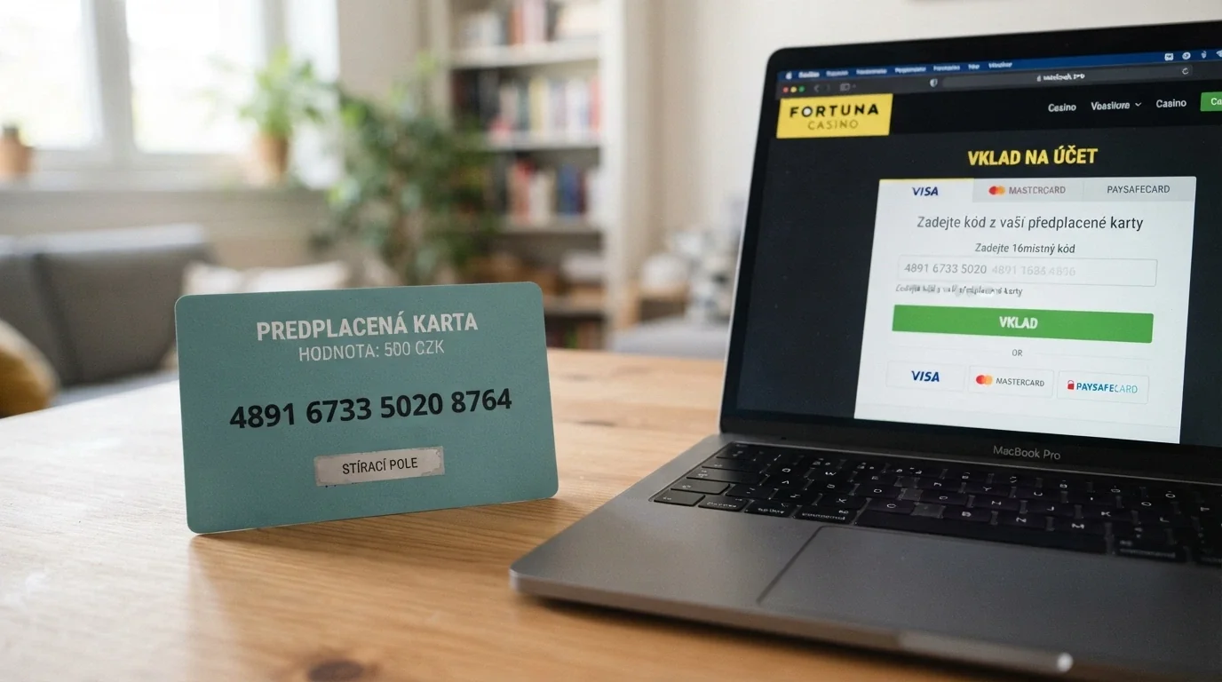 Fyzický kupón Paysafecard položený vedle displeje notebooku s otevřenou kasino pokladnou