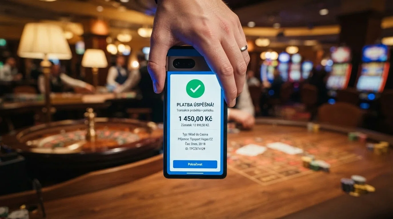 Telefon zobrazující potvrzení platby Google Pay s částkou, v pozadí rozhraní kasina