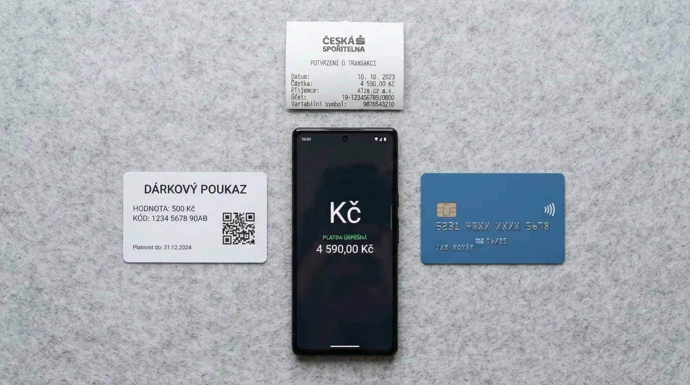 Mozaika platebních metod — karta, telefon s Paysafecard kupónem, bankovní převod, symboly Skrill a Neteller